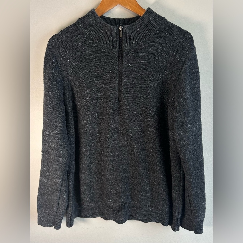 LL Bean Men's Organic Cotton Knit 1/4 Zip Sweater Pullover Size L Dark Gray